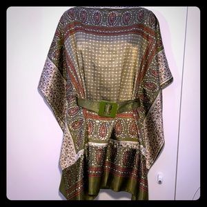 Green silk printed short kaftan